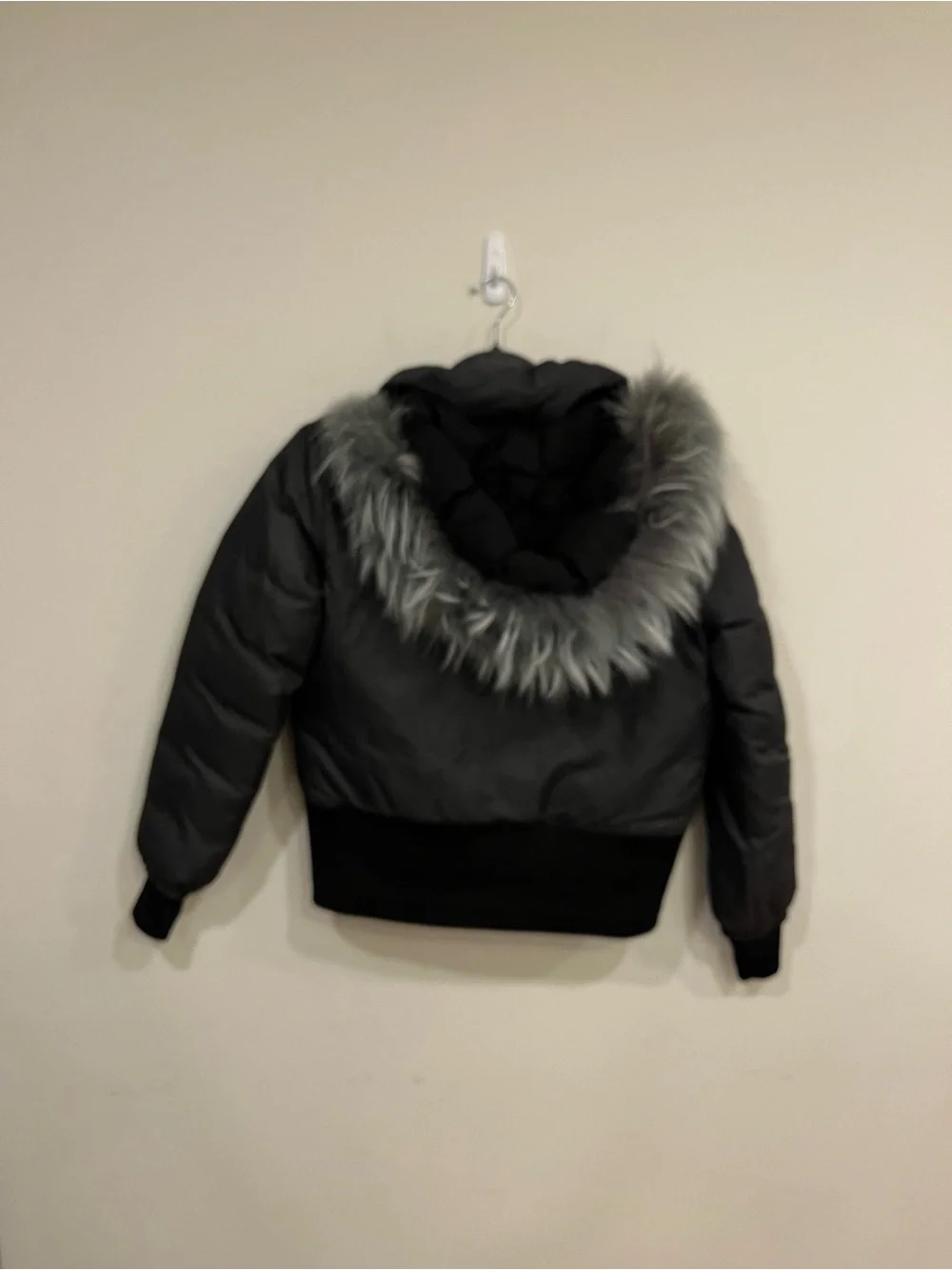 Girls' Short Puffer Jacket with Faux Fur Hood Trim - Charcoal